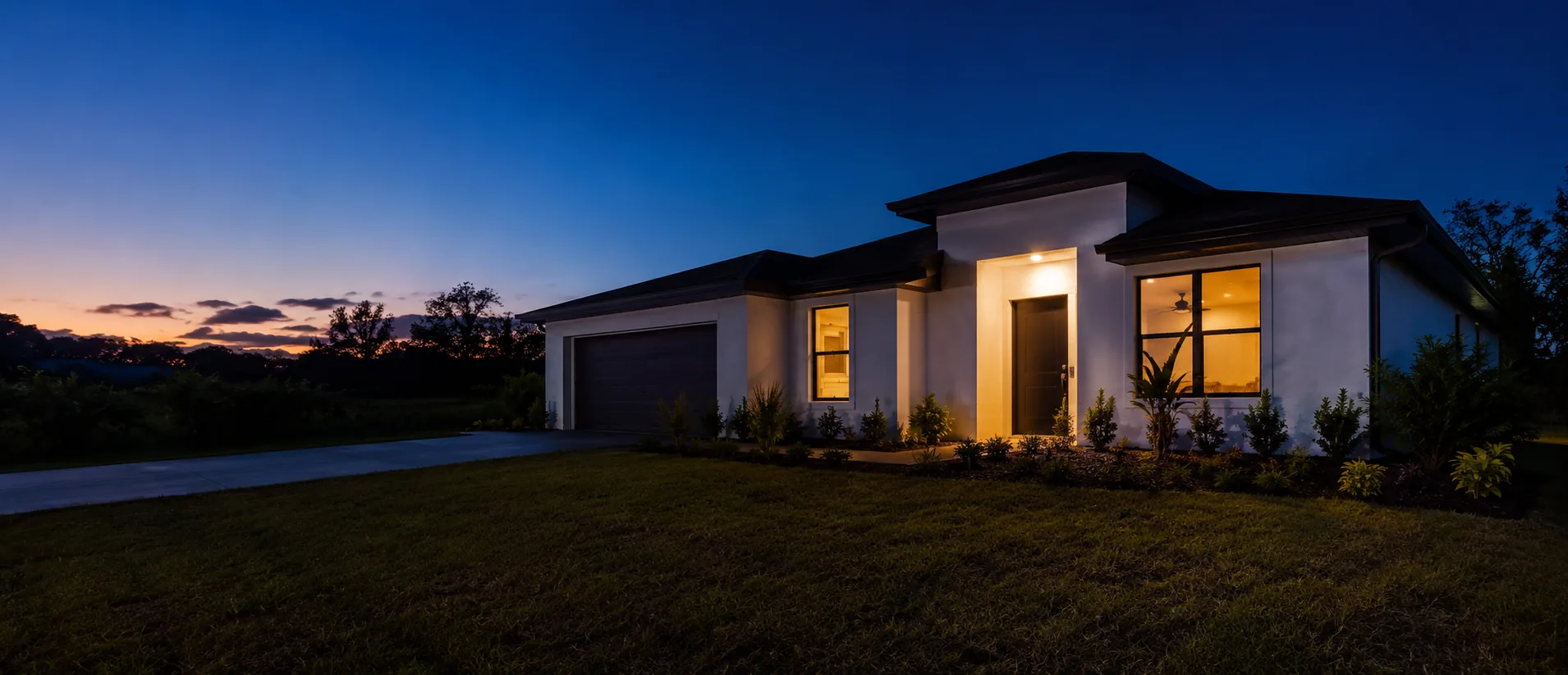 A single story Florida home at dusk with its windows lit, home remodeling in Tampa, FL