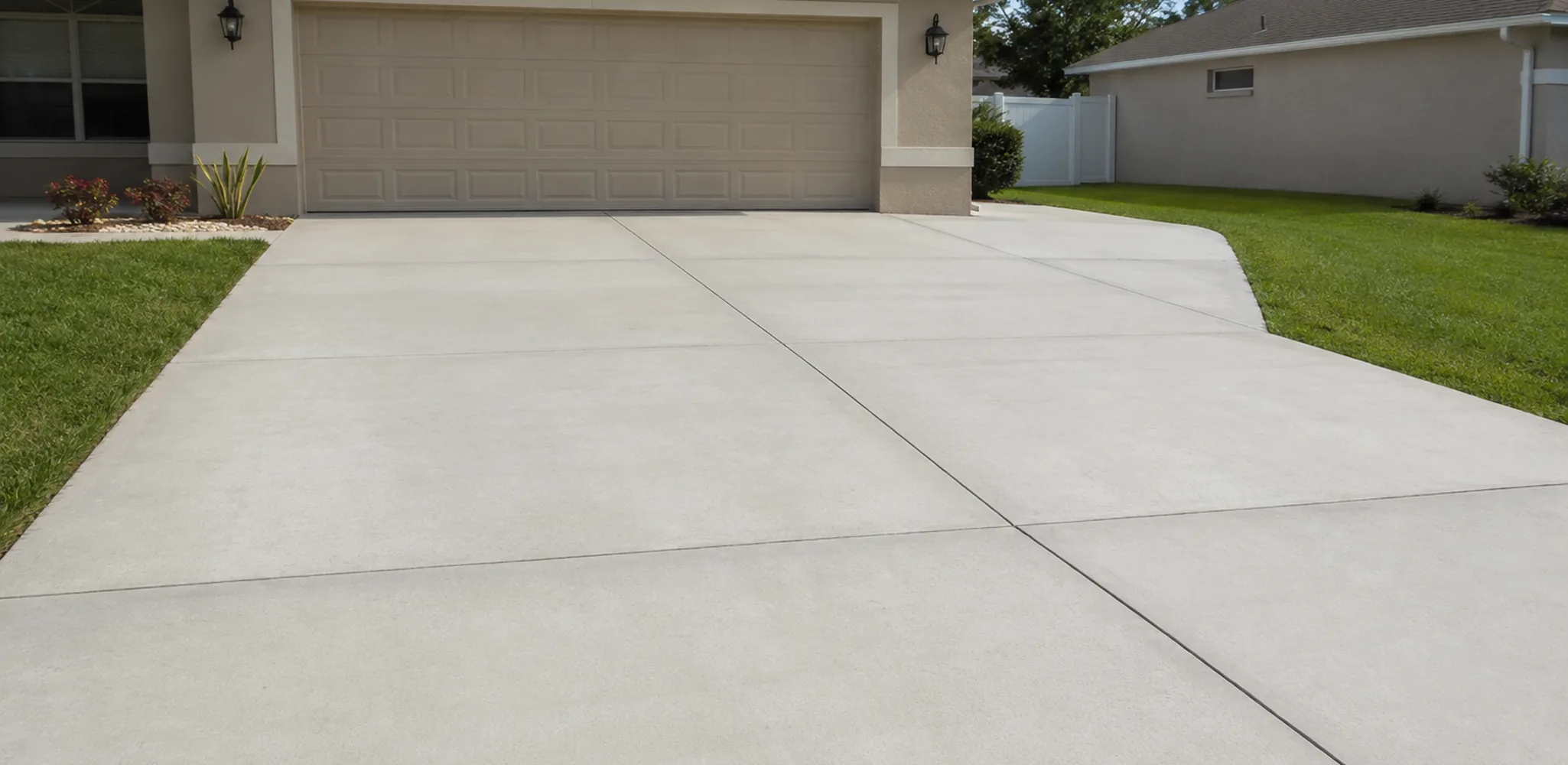 A concrete driveway with cut joints in front of a two car garage in Tampa, FL