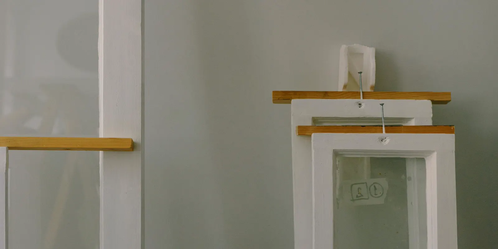 White frames with hinges laid on the floor during a renovation, cabinet painting