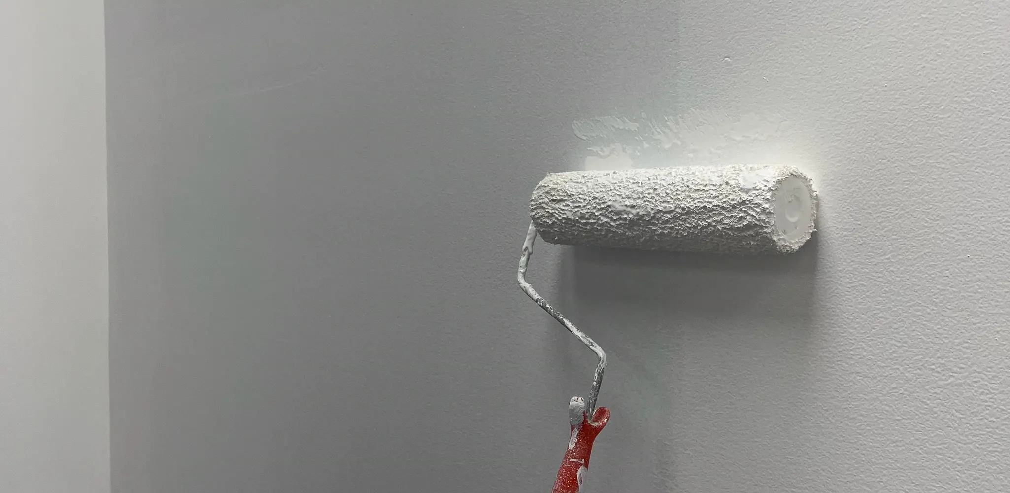 Fresh white paint rolled onto a primed interior wall, interior painting