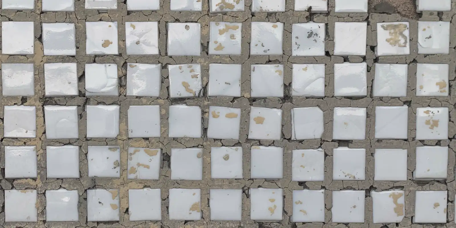 Old mosaic tile with dirty and worn grout lines, shower replacement
